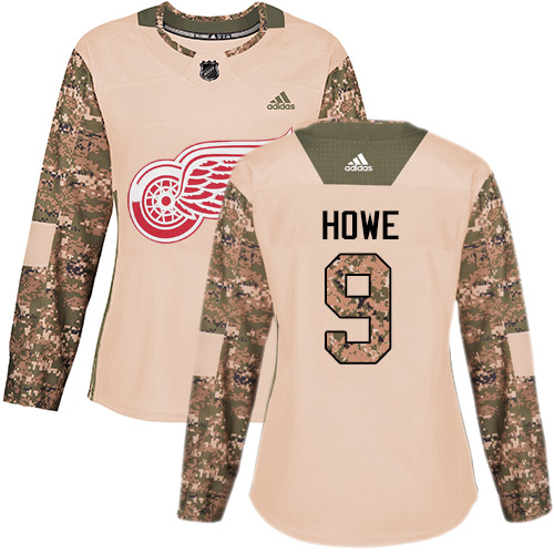 Adidas Red Wings #9 Gordie Howe Camo Authentic Veterans Day Women's Stitched NHL Jersey - Click Image to Close